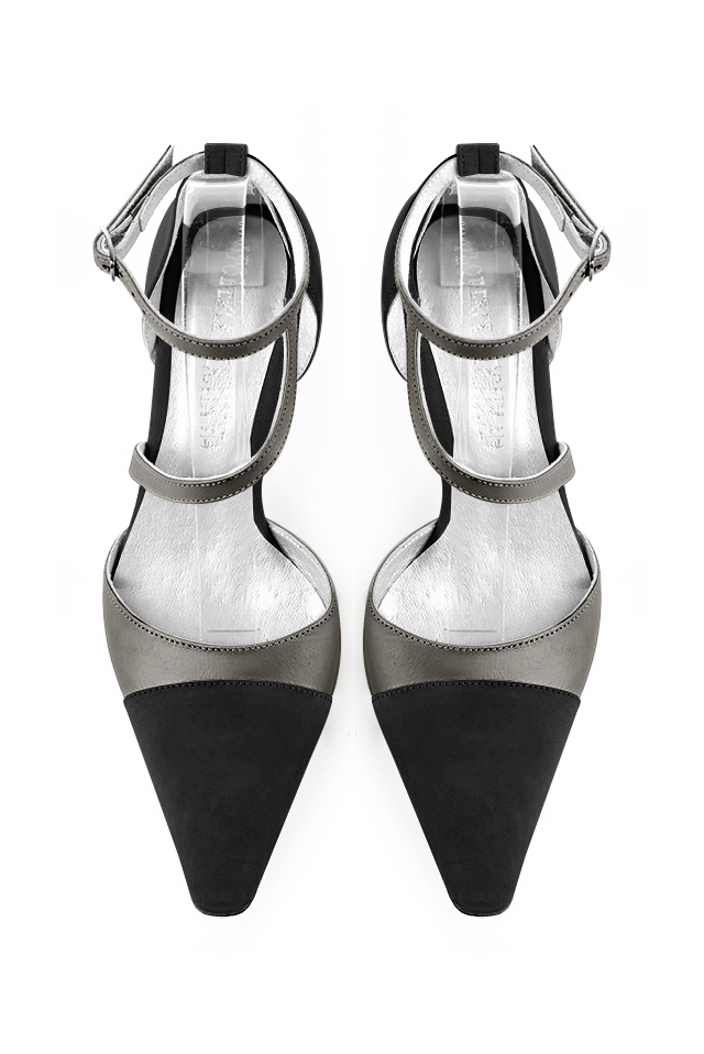 Matt black and taupe brown women's open side shoes, with snake-shaped straps. Tapered toe. Medium spool heels. Top view - Florence KOOIJMAN